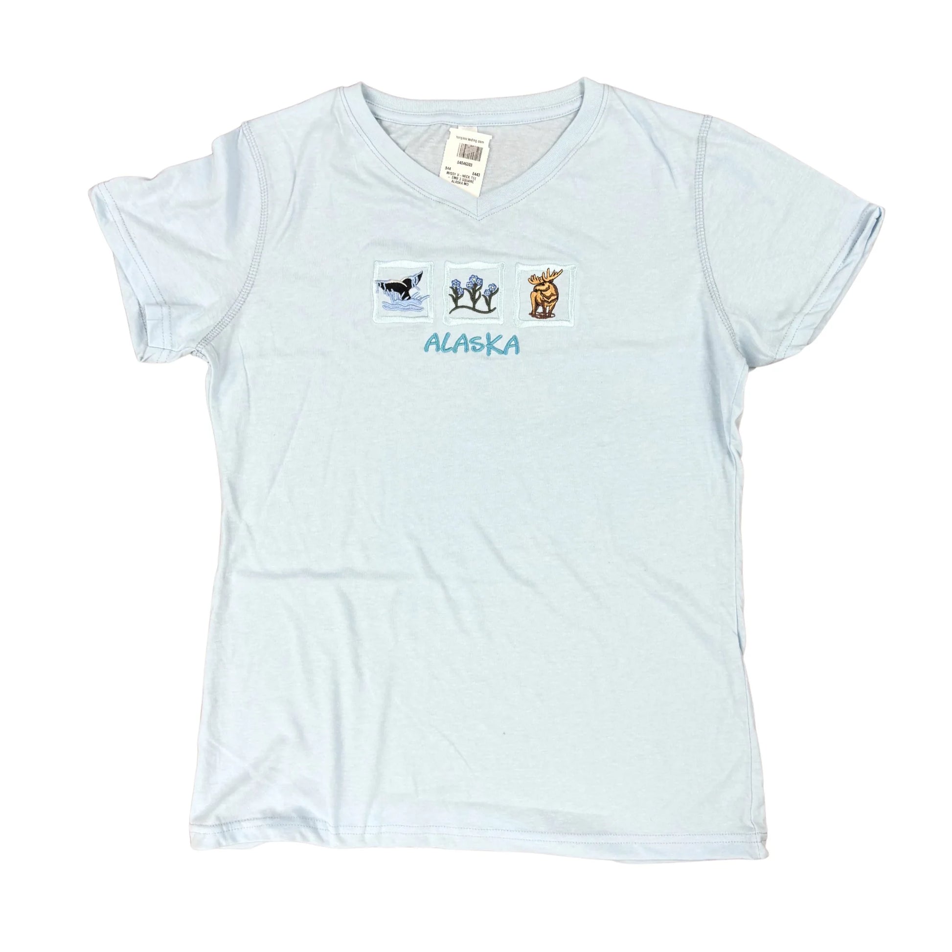Light blue t-shirt with Alaska-themed design on a white background
