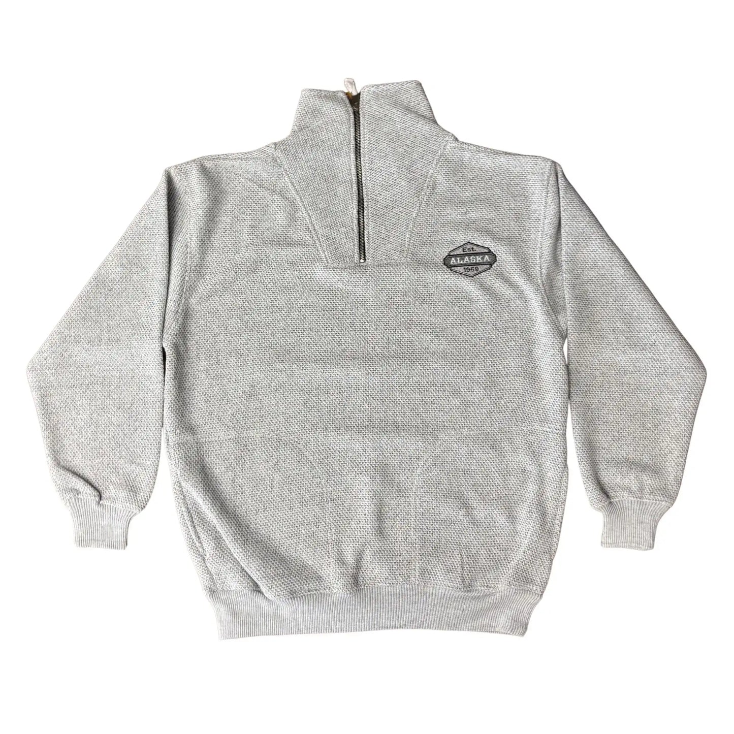 Gray half-zip sweatshirt with a logo on the chest against a white background