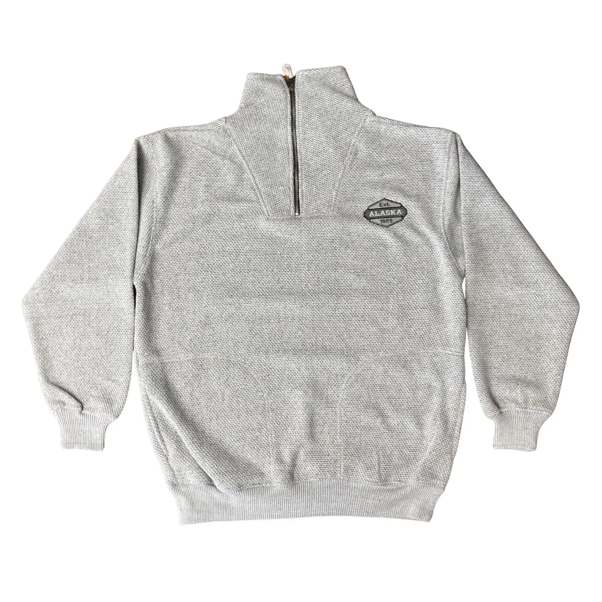 Gray half-zip sweatshirt with a logo on the chest against a white background