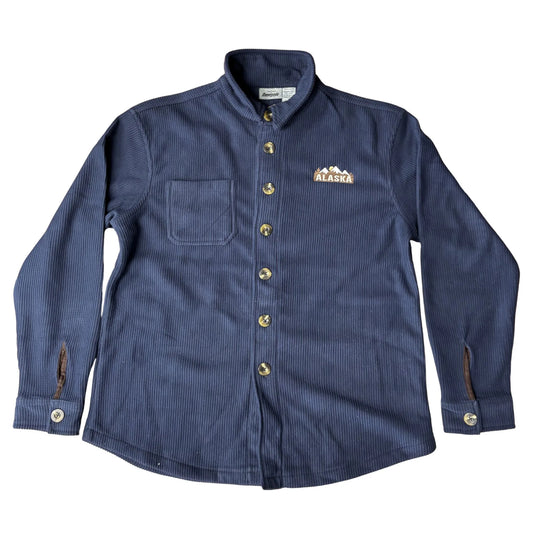 Blue corduroy shirt with Alaska logo on a white background