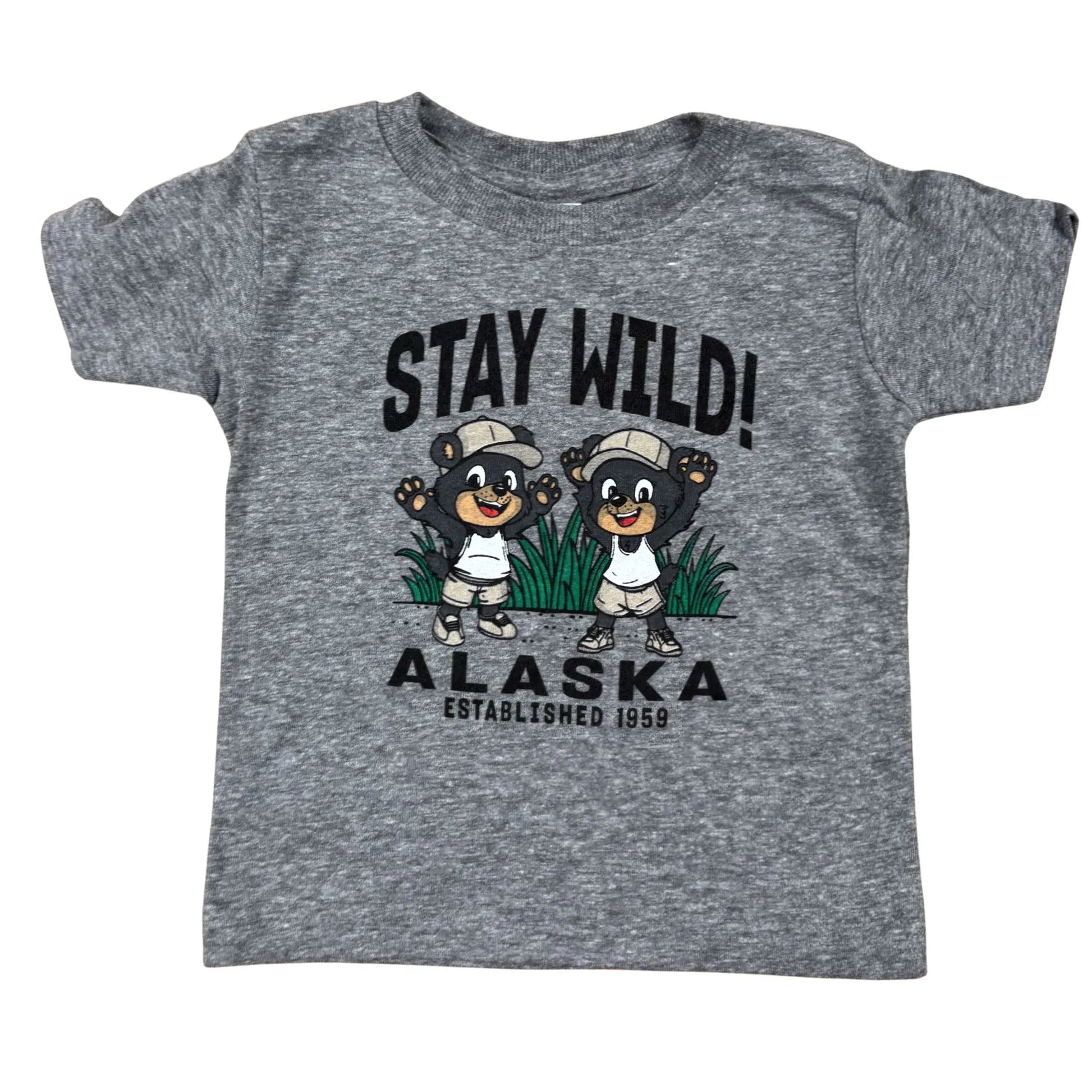 Gray t-shirt with 'Stay Wild! Alaska Established 1959' design featuring cartoon bears on a white background.