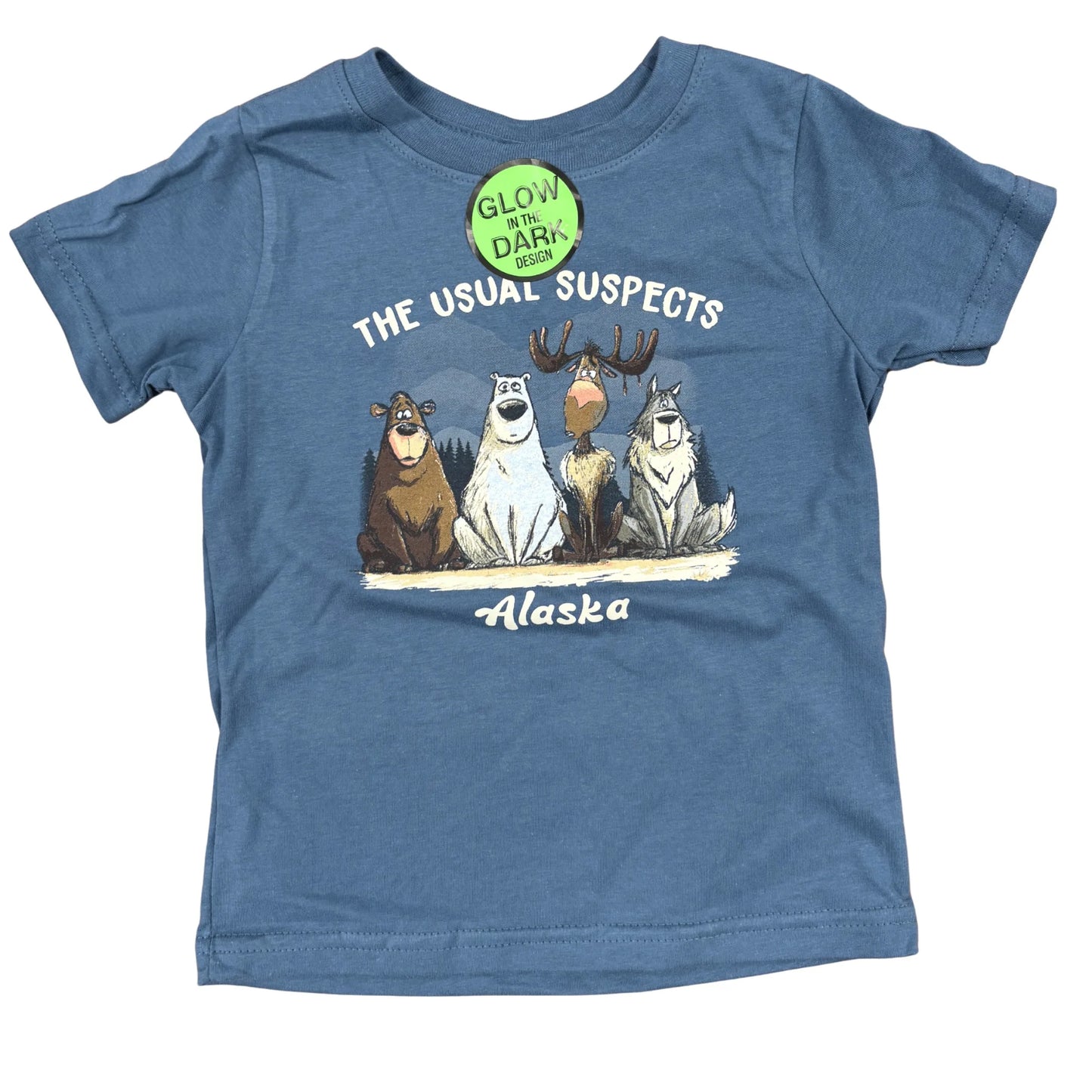 Indigo colored toddler t-shirt with Alaska animals and "The Usual Suspects" text