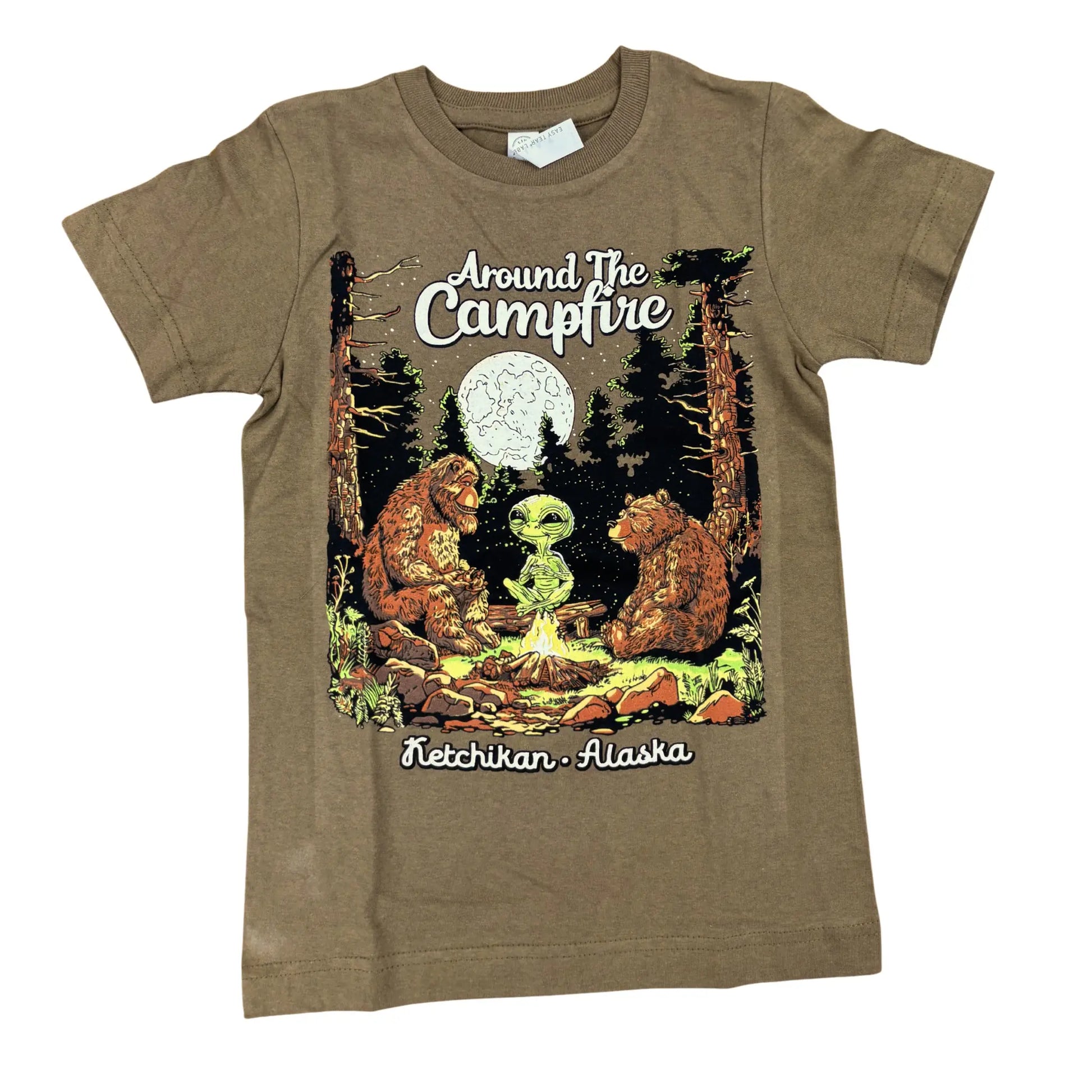 Brown t-shirt with 'Around The Campfire Ketchikan, Alaska' graphic design 