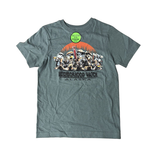 Gray t-shirt with a graphic design of animals forming a neighborhood watch