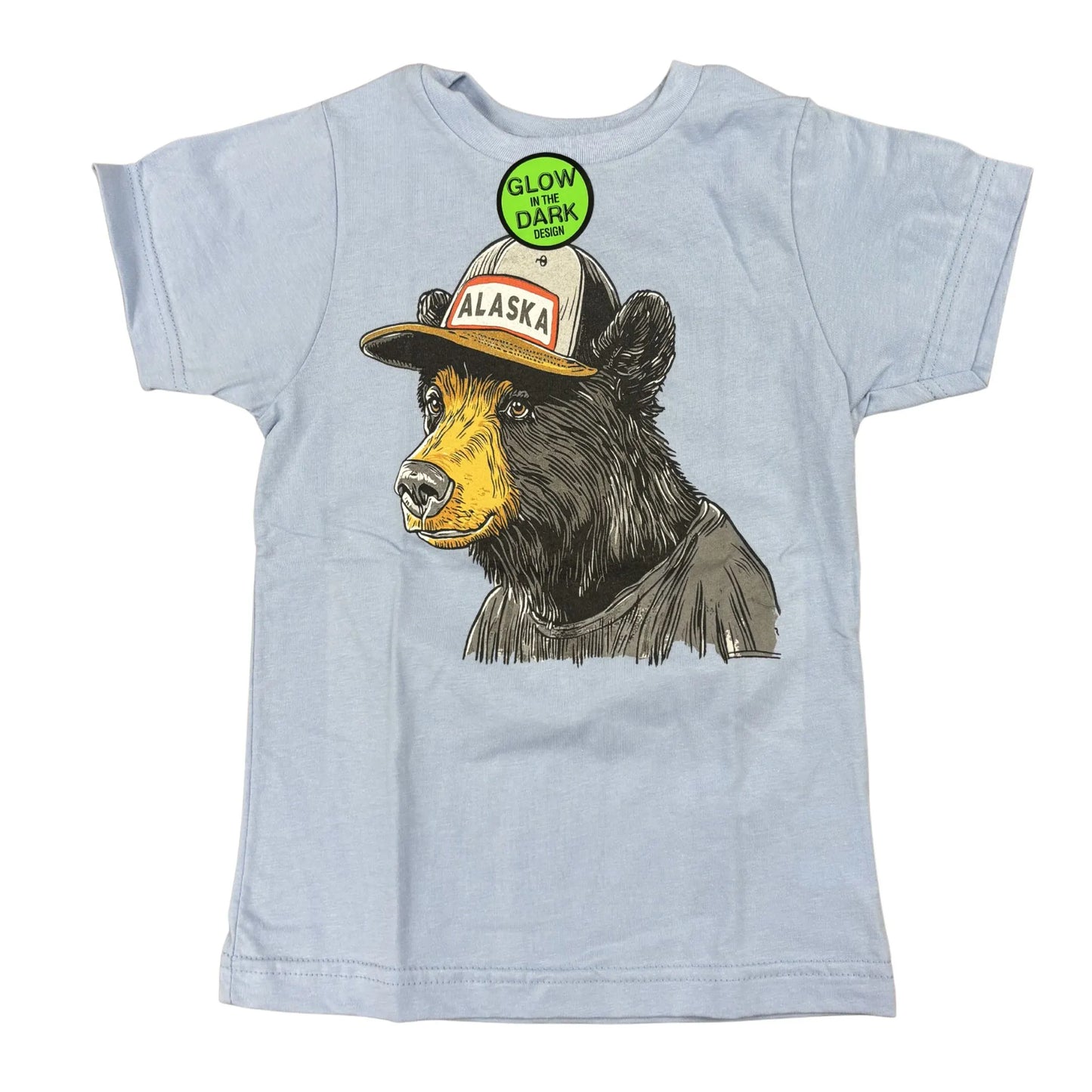 Light blue t-shirt with a bear wearing an Alaska hat graphic and glow-in-the-dark sticker.