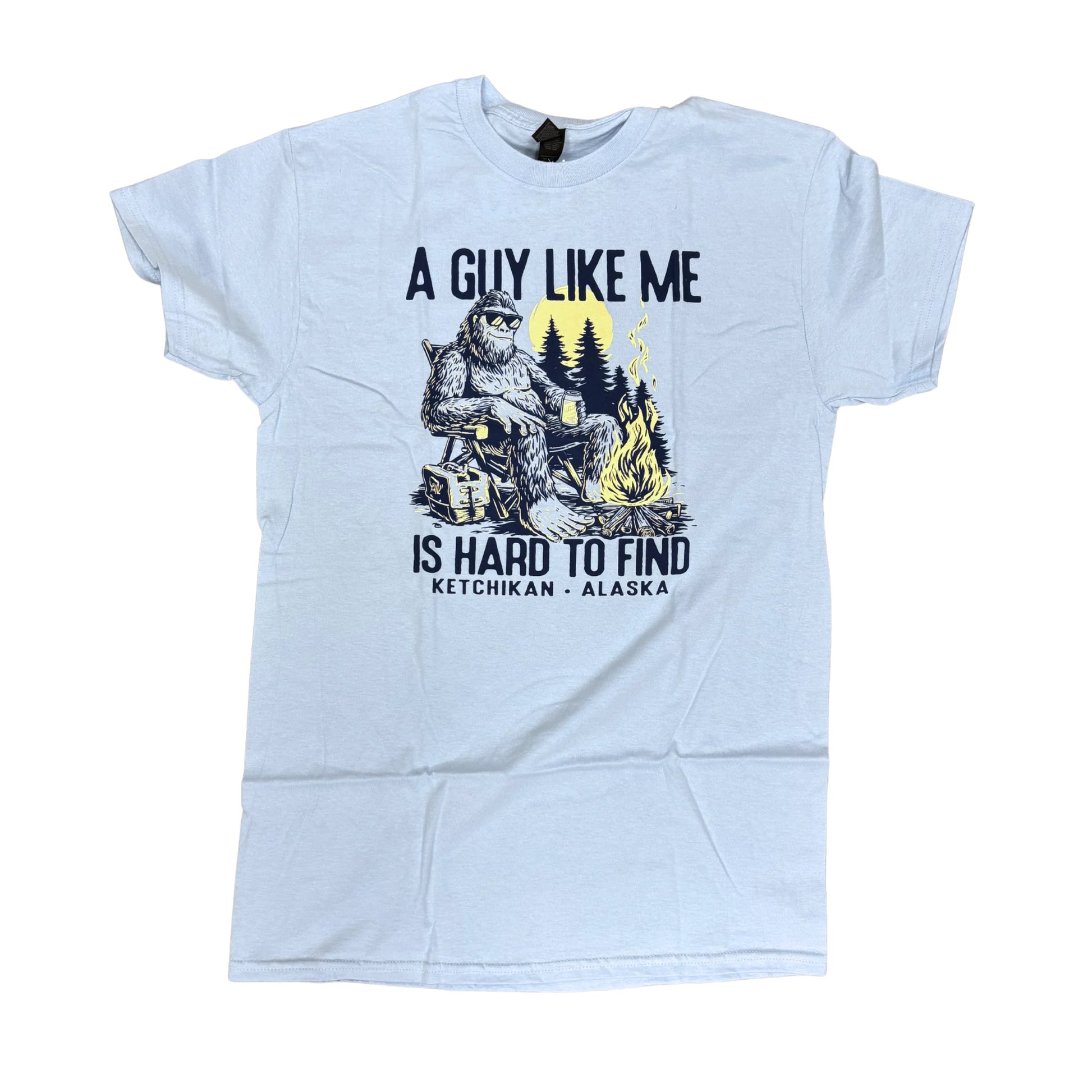 Light Blue t-shirt with "A Guy Like Me is Hard to Find" text and a sasquatch graphic.