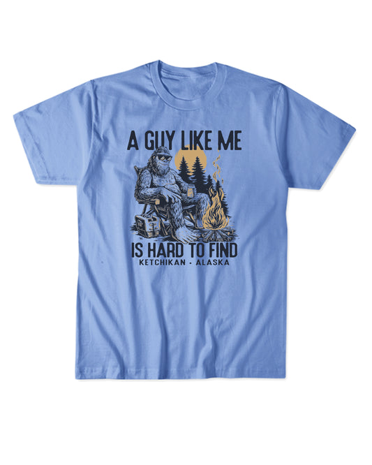 Light blue t-shirt with sasquatch graphic design and text on a white background