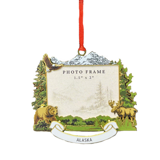 Ornament photo frame with a bear and moose with Alaska text