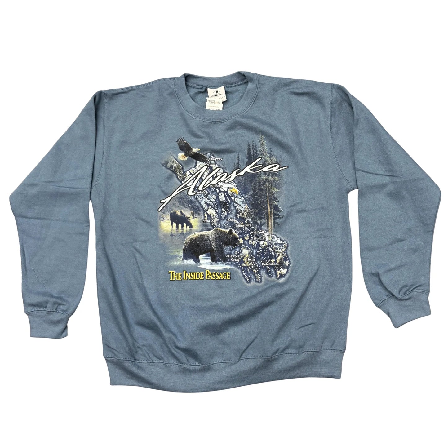 Blue sweatshirt with Alaska Graphic of wildlife and the inside passage
