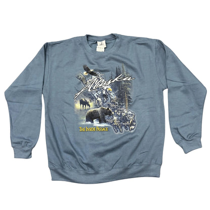 Blue sweatshirt with Alaska Graphic of wildlife and the inside passage