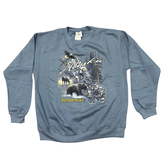 Blue sweatshirt with Alaska Graphic of wildlife and the inside passage