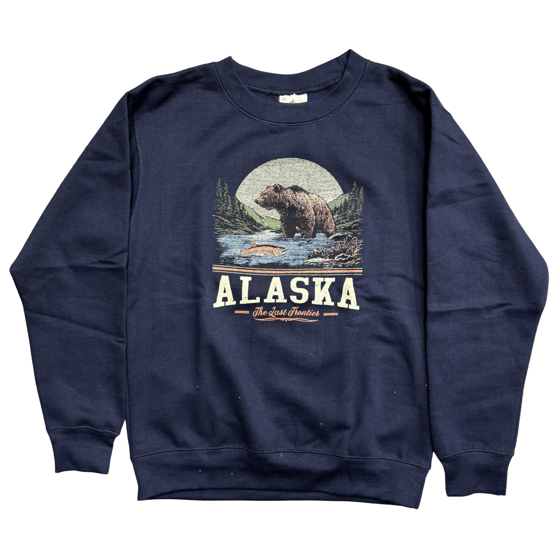Navy blue sweatshirt with Alaska graphic featuring a bear and landscape 