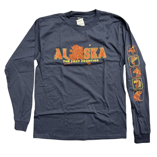 Navy Alaska long sleeve with totem animals on the sleeve