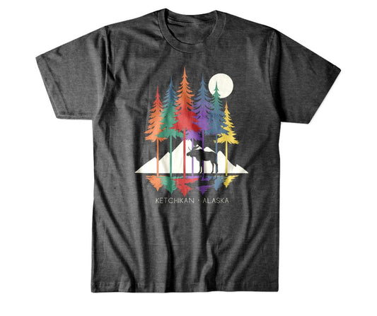 Gray t-shirt with colorful forest design and a moose with 'Ketchikan, Alaska' text 