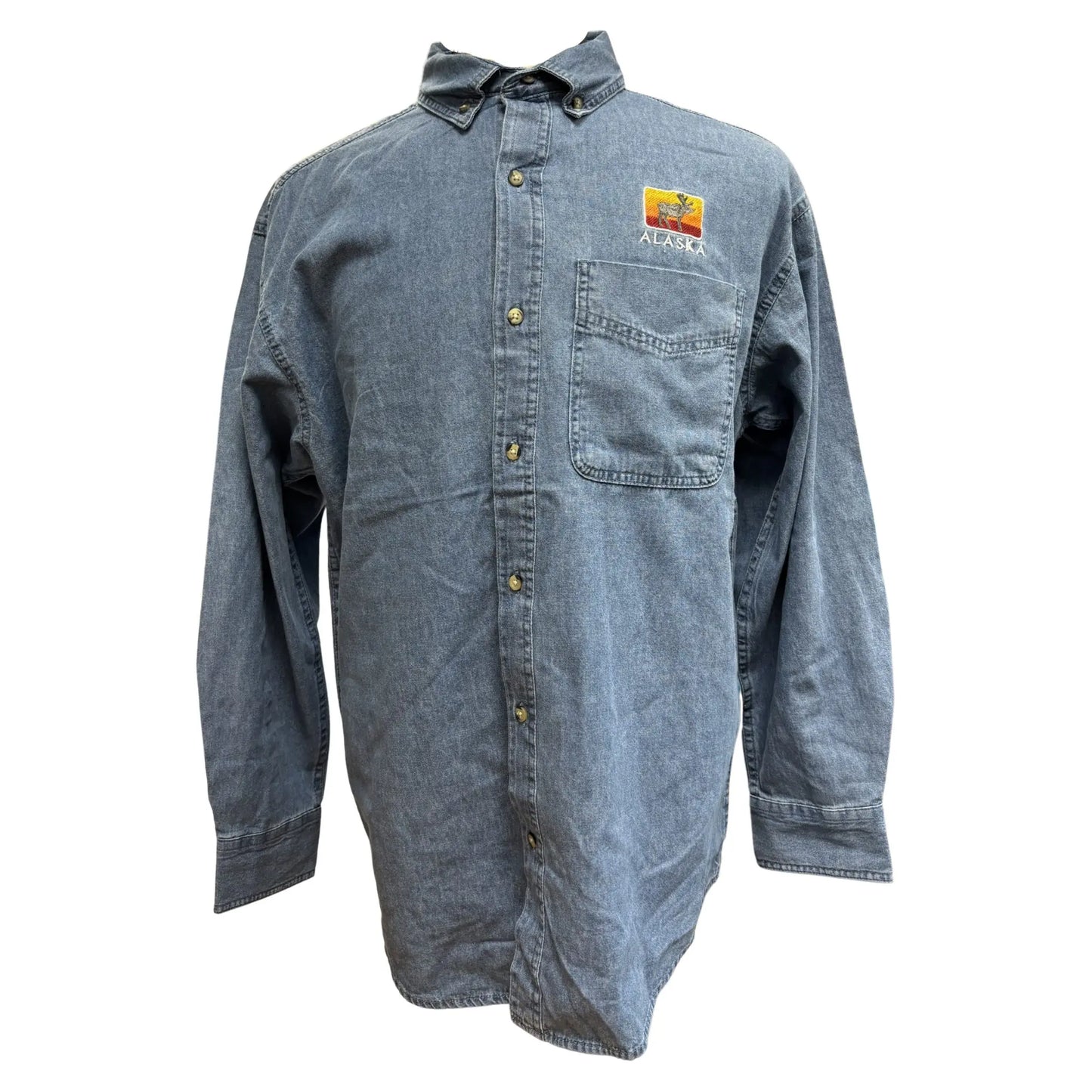 Blue denim shirt with a logo on a white background