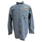 Blue denim shirt with a logo on a white background