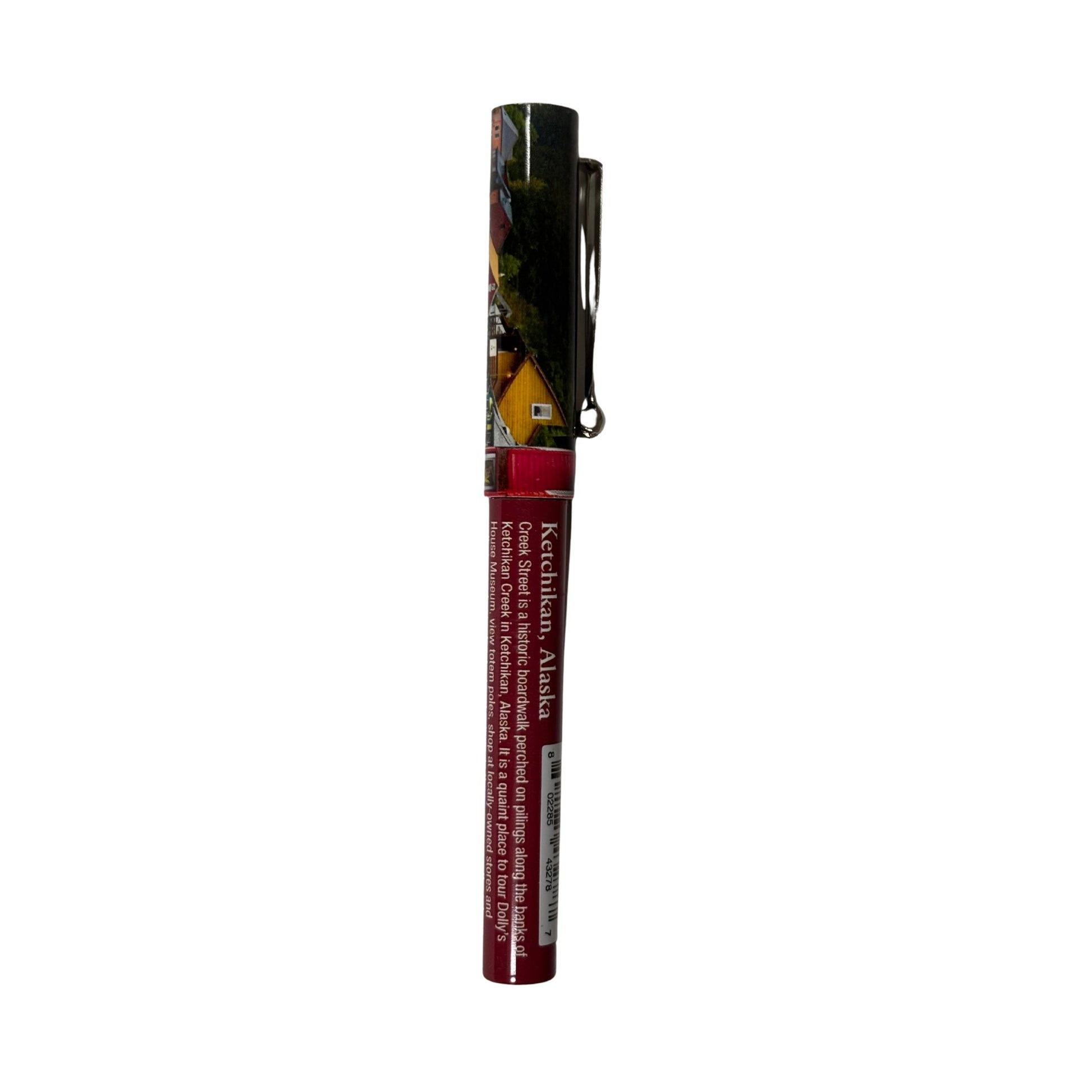 Multicolored pen with a visible brand name on a white background