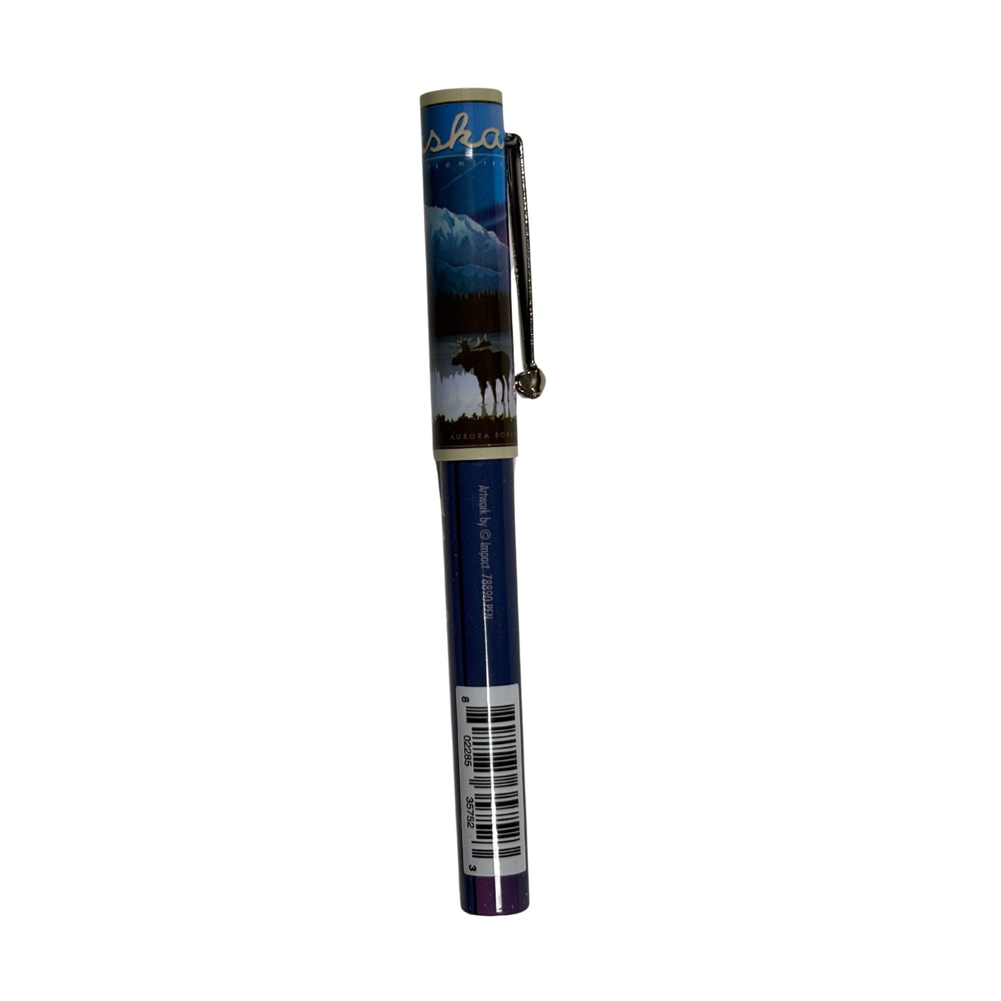 Pen with a scenic design on the cap against a white background