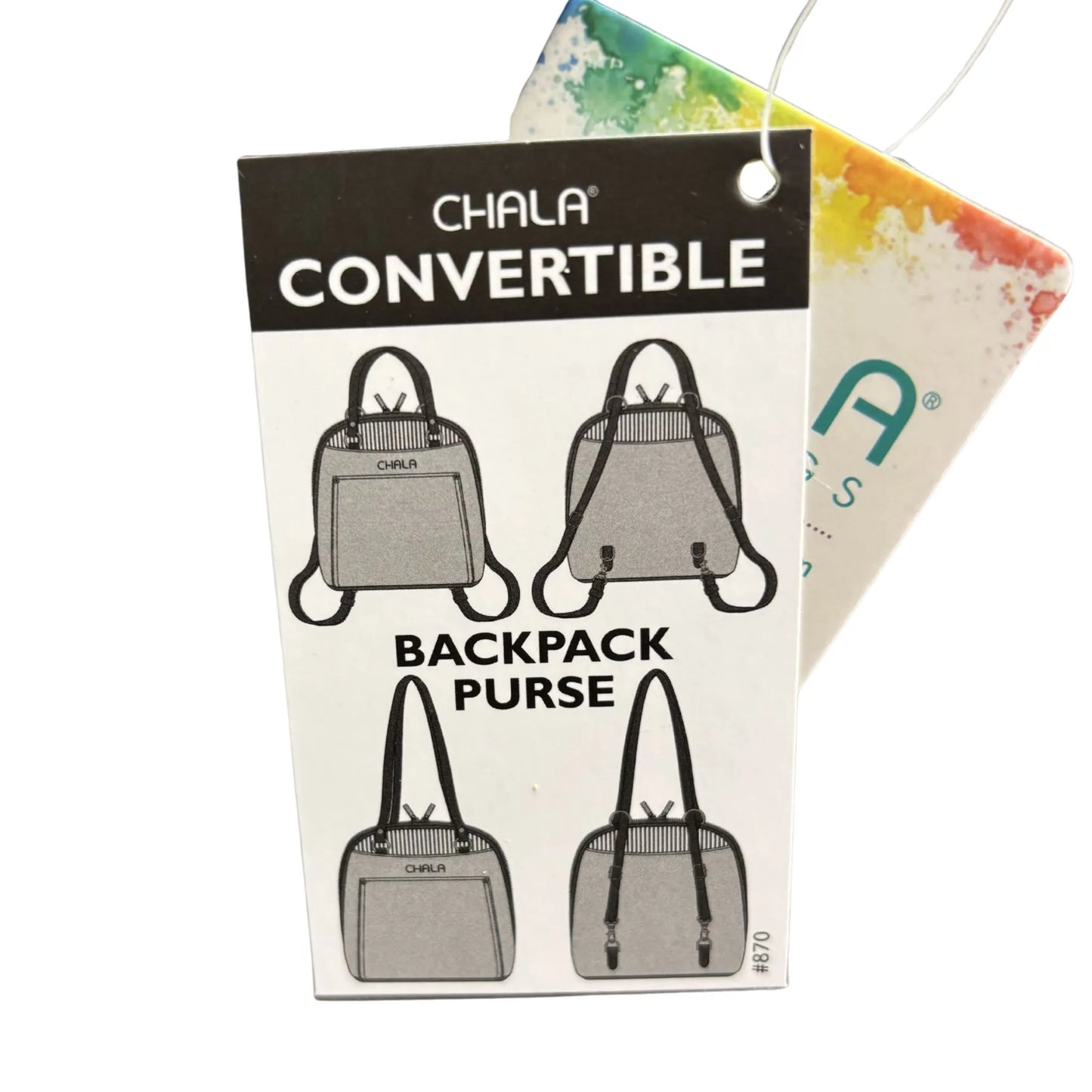 Chala convertible backpack purse packaging with product illustrations