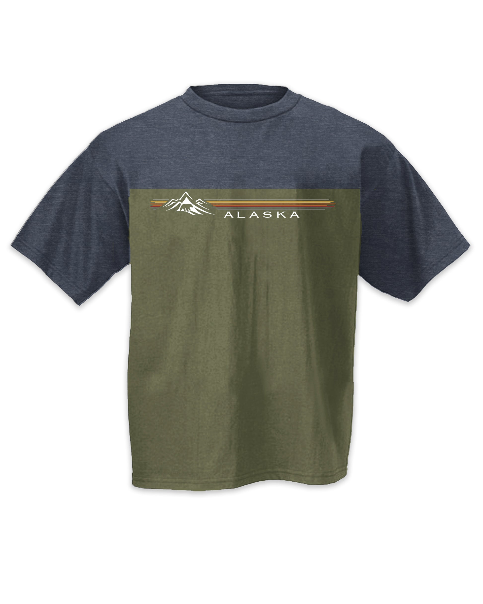 Two-tone t-shirt with a mountain design and 'Alaska' text on a white background
