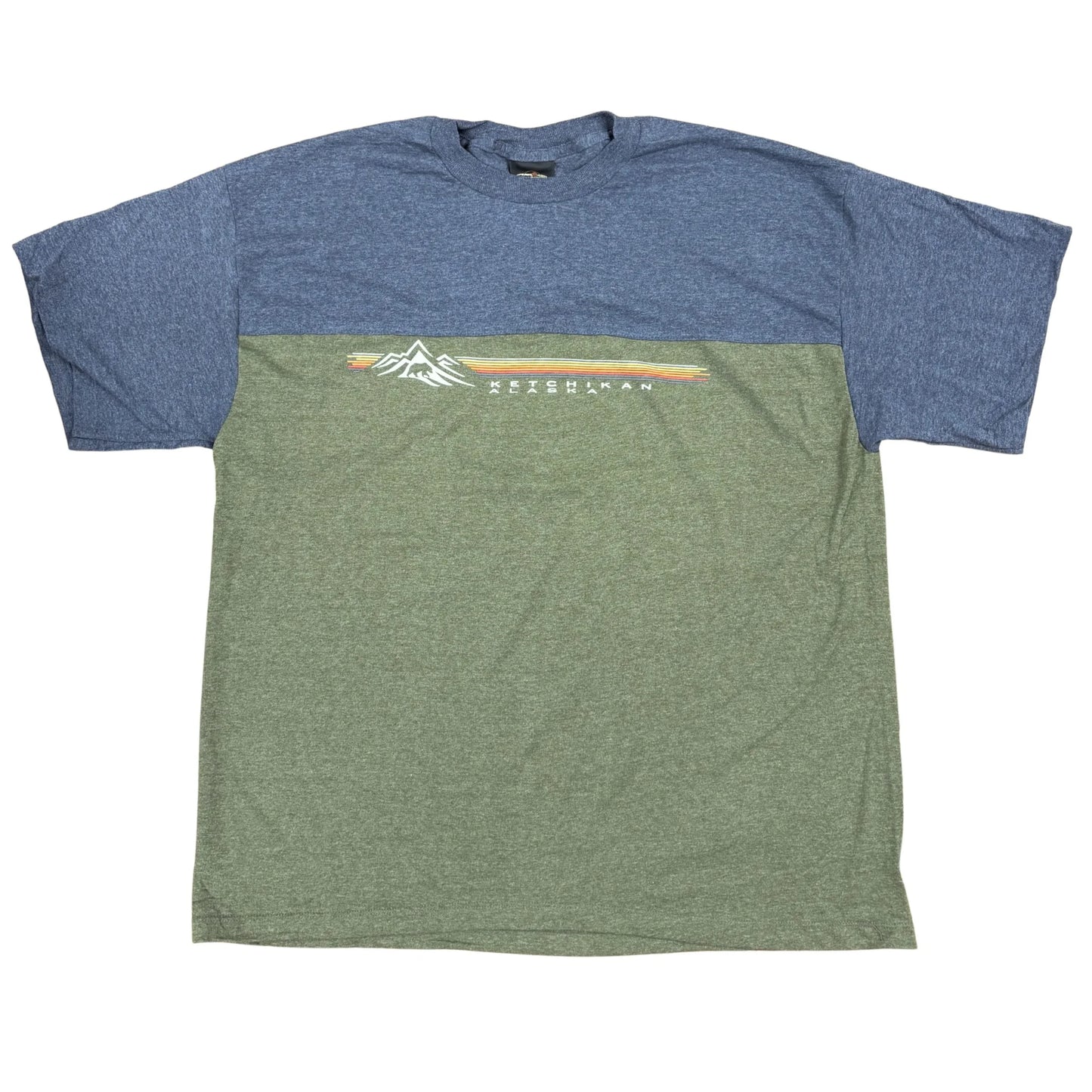 Two-toned blue and green t-shirt with a Ketchikan logo on a white background