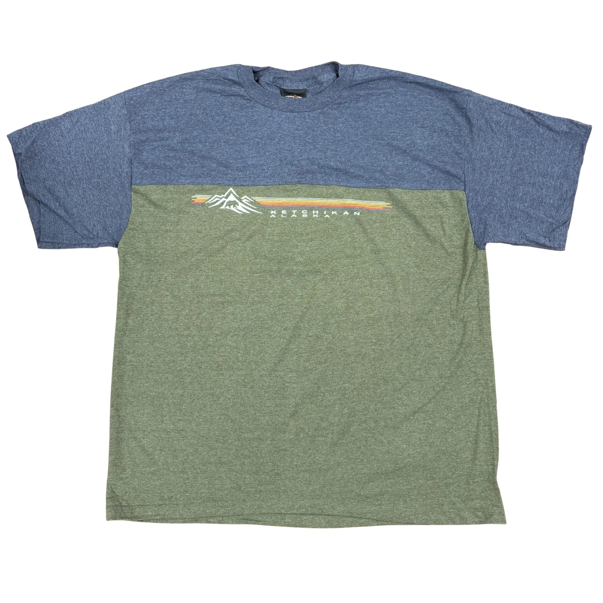 Two-toned blue and green t-shirt with a Ketchikan logo on a white background