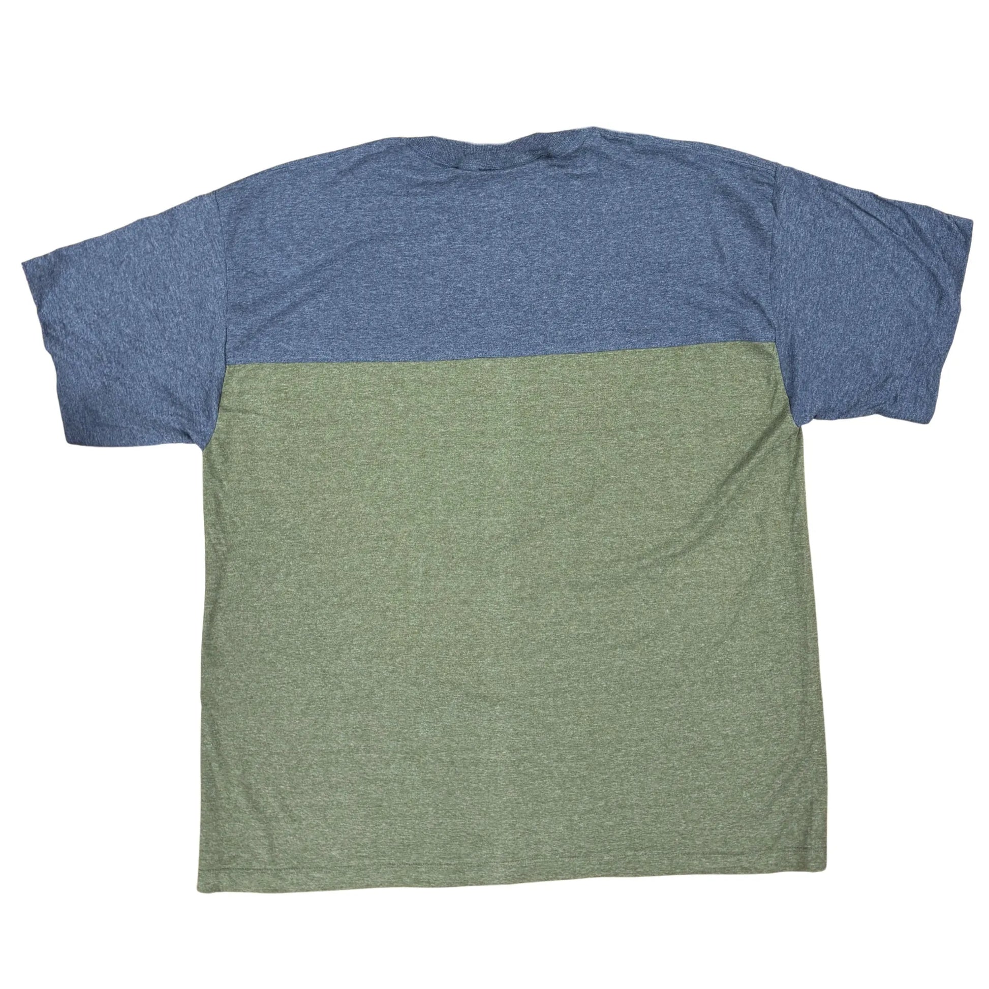 Two-tone blue and green t-shirt on a white background