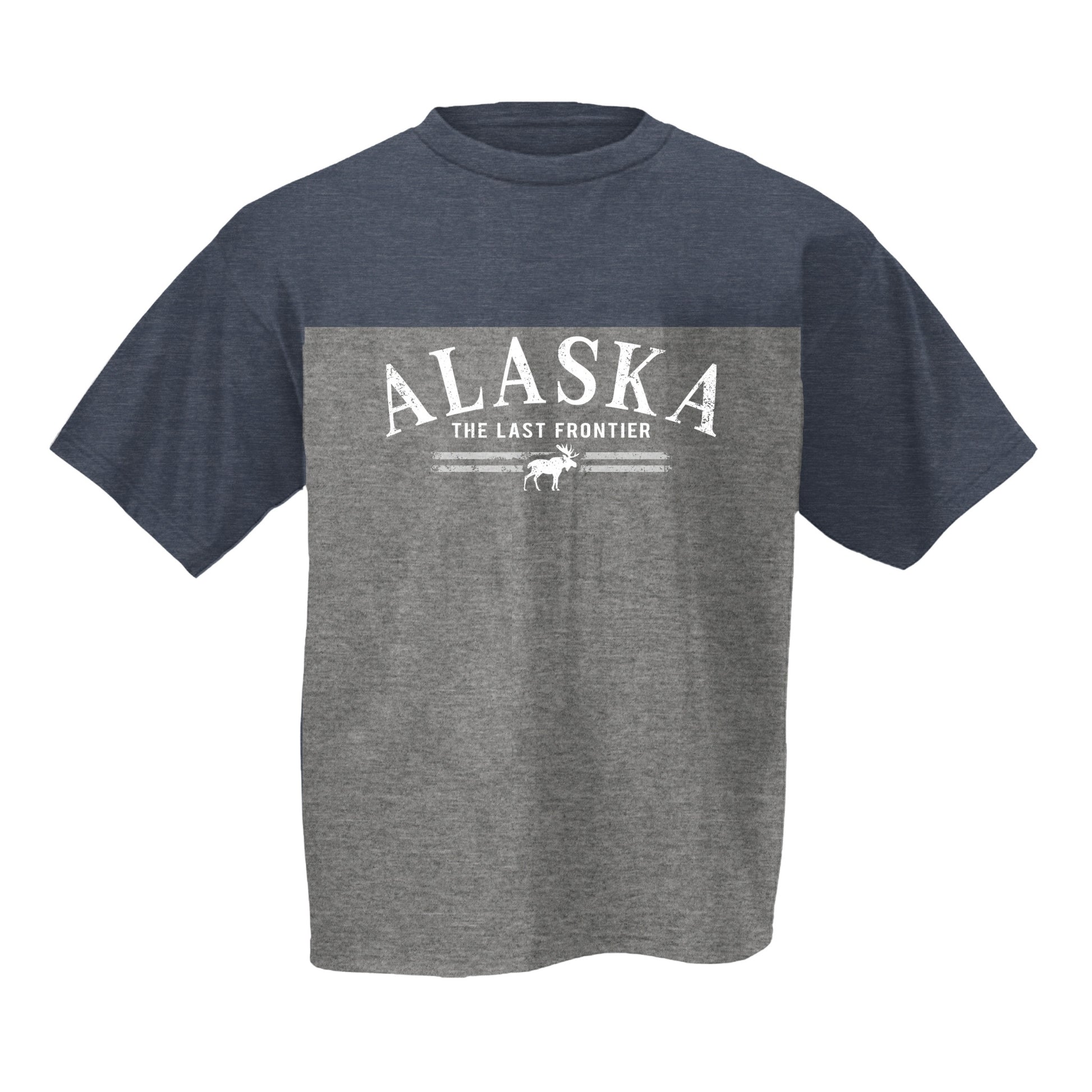 Two-toned gray and navy t-shirt with 'Alaska The Last Frontier' text 