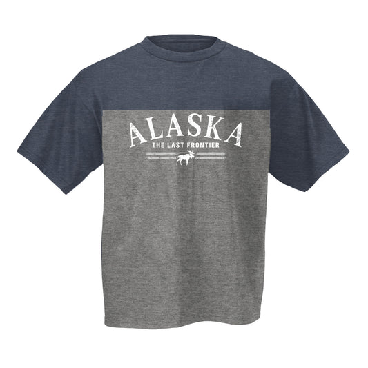 Two-toned gray and navy t-shirt with 'Alaska The Last Frontier' text 