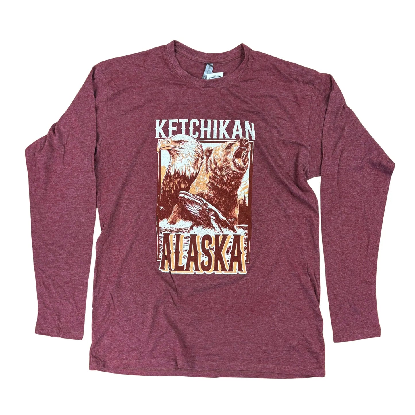 Maroon long-sleeve shirt with Ketchikan Alaska graphic on a white background