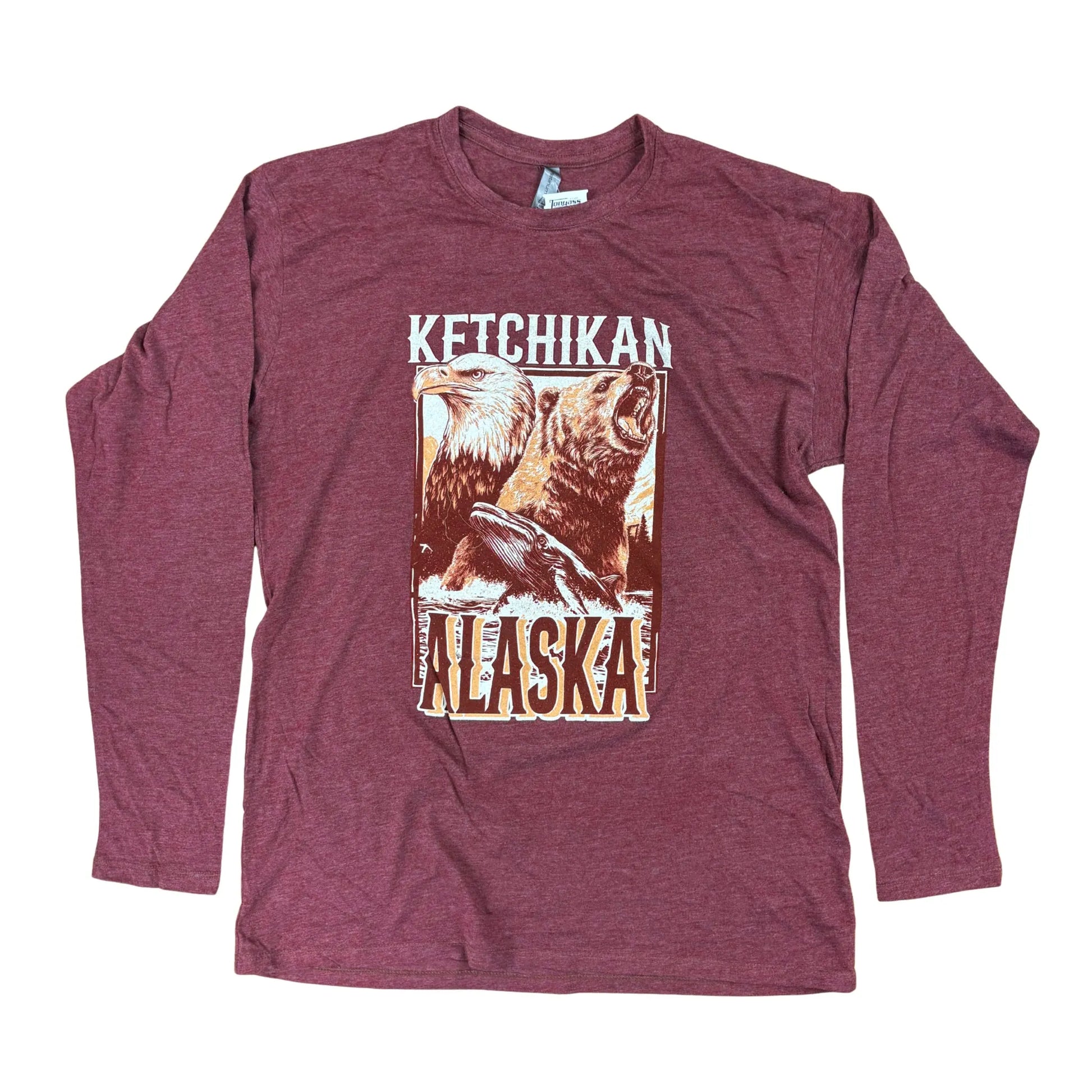 Maroon long-sleeve shirt with Ketchikan Alaska graphic on a white background