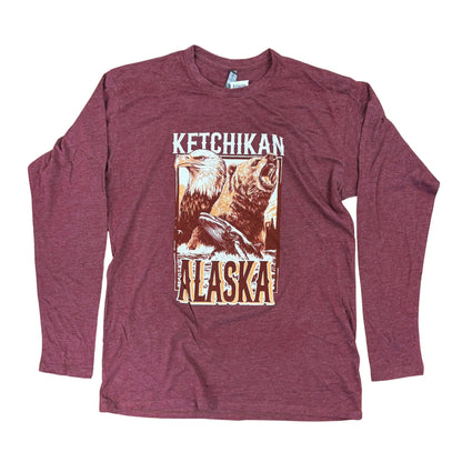 Maroon long-sleeve shirt with Ketchikan Alaska graphic on a white background