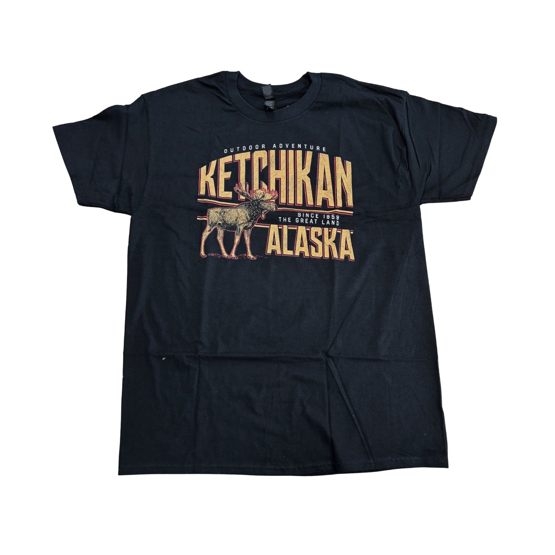 Black t-shirt with 'Ketchikan Alaska' graphic design on a white background