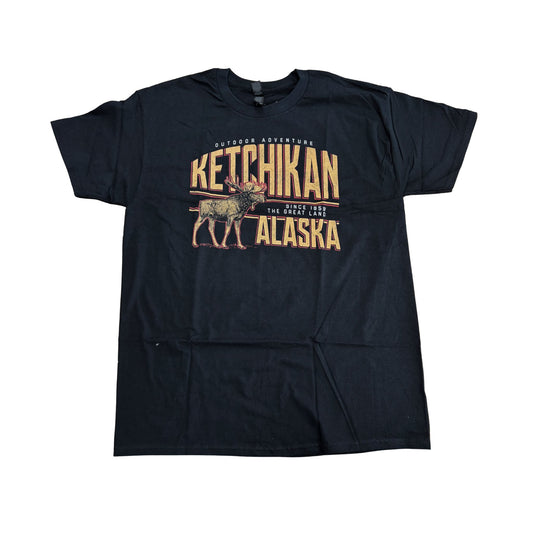 Black t-shirt with 'Ketchikan Alaska' graphic design on a white background