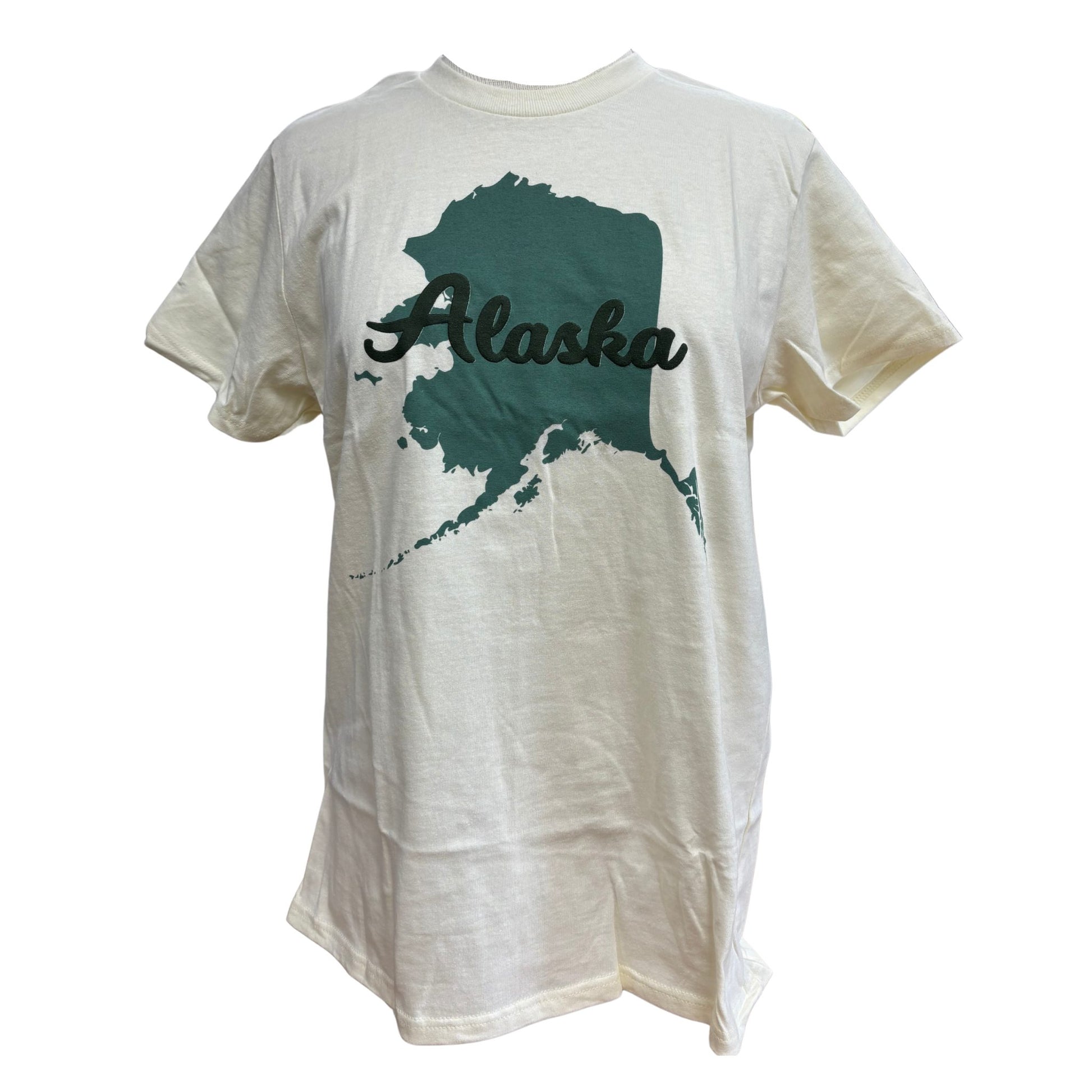 White t-shirt with teal outline of Alaska and 'Alaska' text on a white background