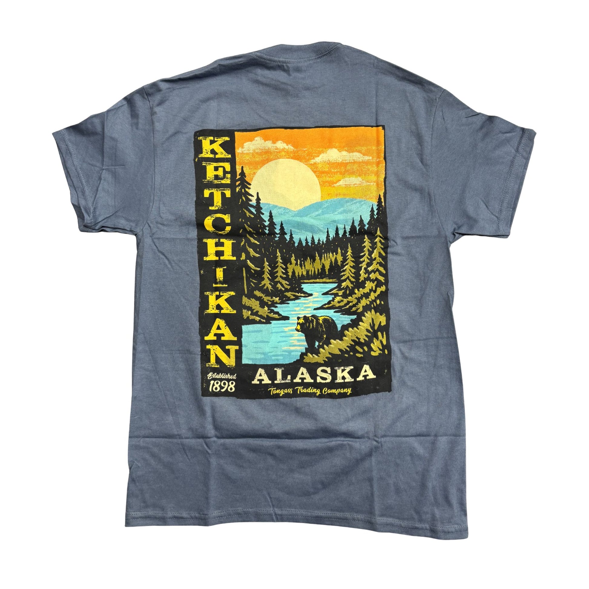 Blue t-shirt with a nature poster design with Ketchikan Alaska text