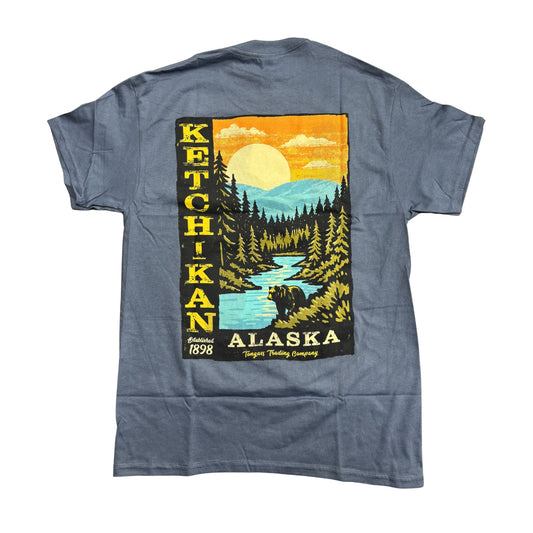 Blue t-shirt with a nature poster design with Ketchikan Alaska text