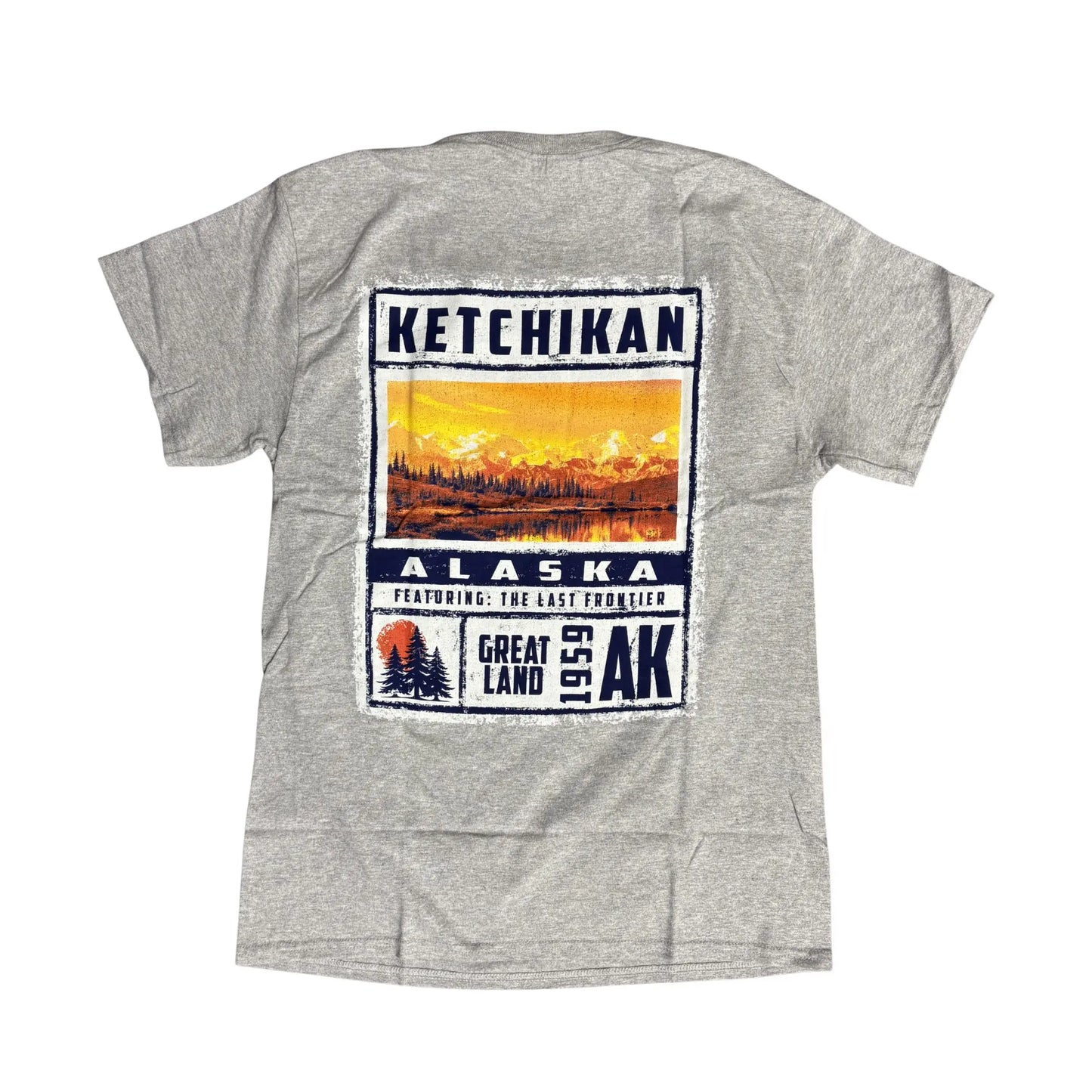 Gray t-shirt with a graphic design on the back featuring Ketchikan, Alaska.