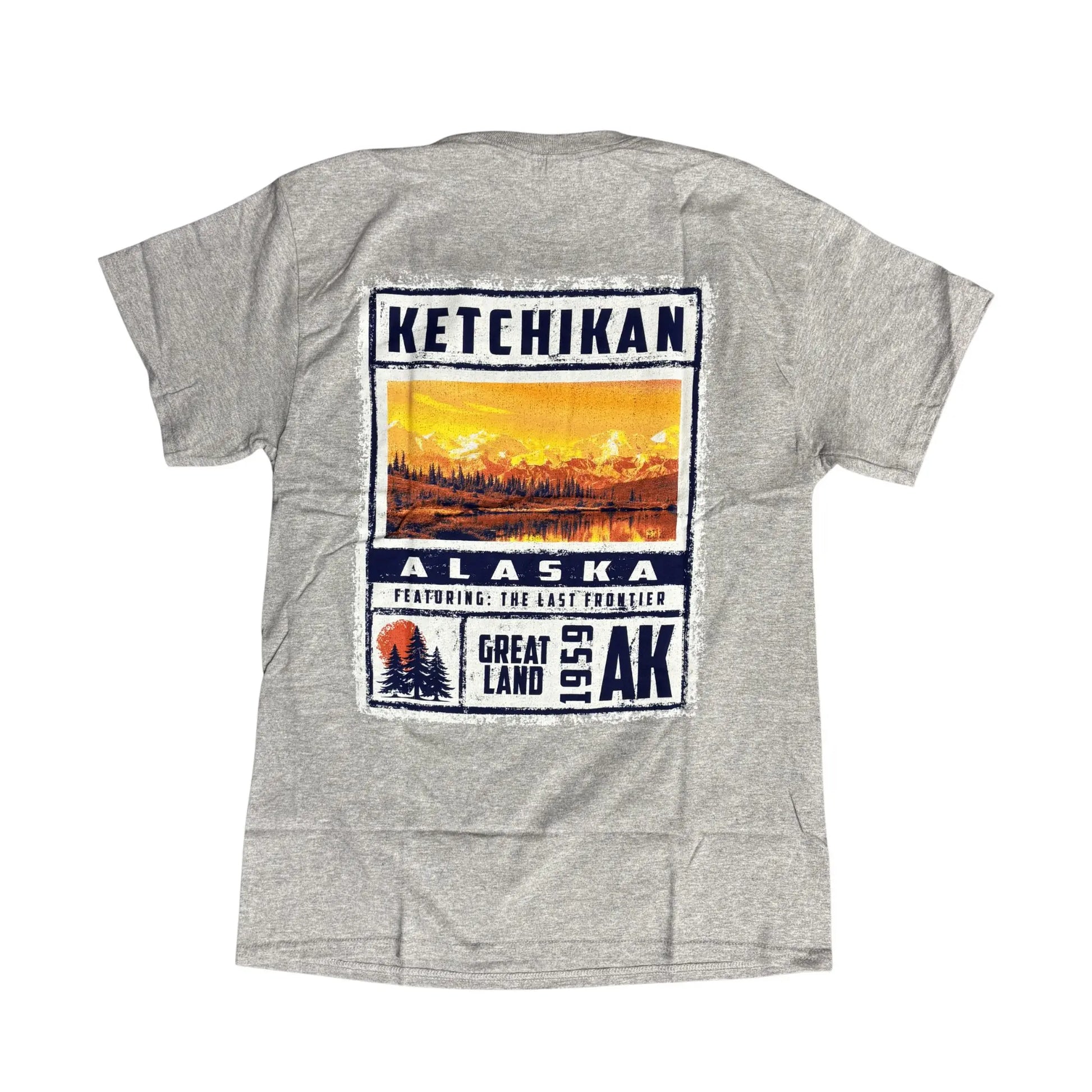 Gray t-shirt with a graphic design on the back featuring Ketchikan, Alaska.
