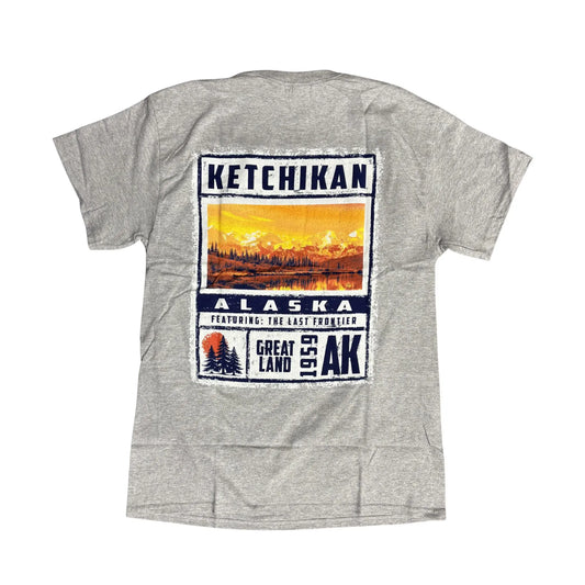 Gray t-shirt with a graphic design on the back featuring Ketchikan, Alaska.