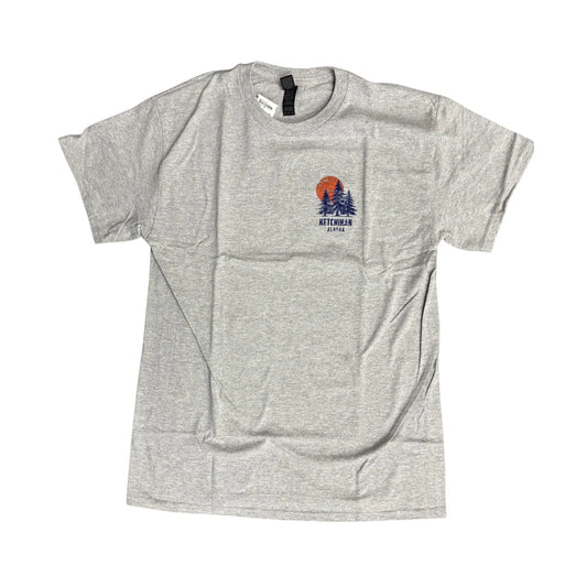 Gray t-shirt with a Ketchikan Alaska logo on the chest against a white background