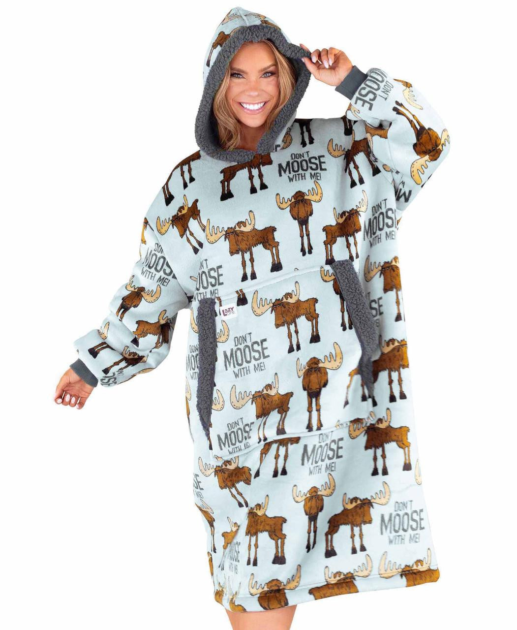 Person wearing a hoodie with moose print and text on a white background
