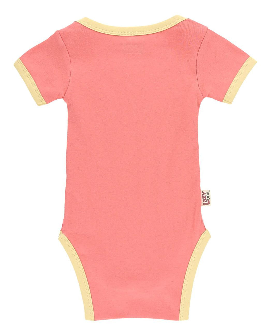 Pink baby onesie with yellow trim 