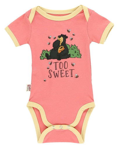 Pink baby onesie with a bear graphic and 'Too Sweet' text 