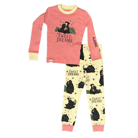 Children's pajama set with bear design and 'Sweet Dreams' text 