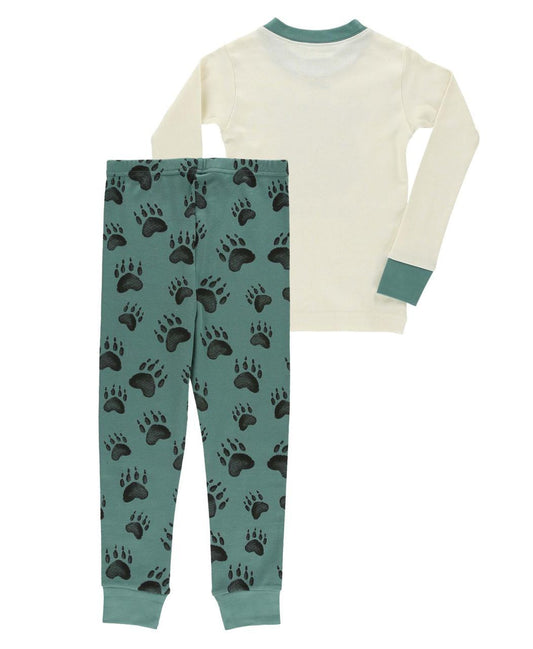 Children's pajama set with a long-sleeve top and green pants with paw prints on a white background.