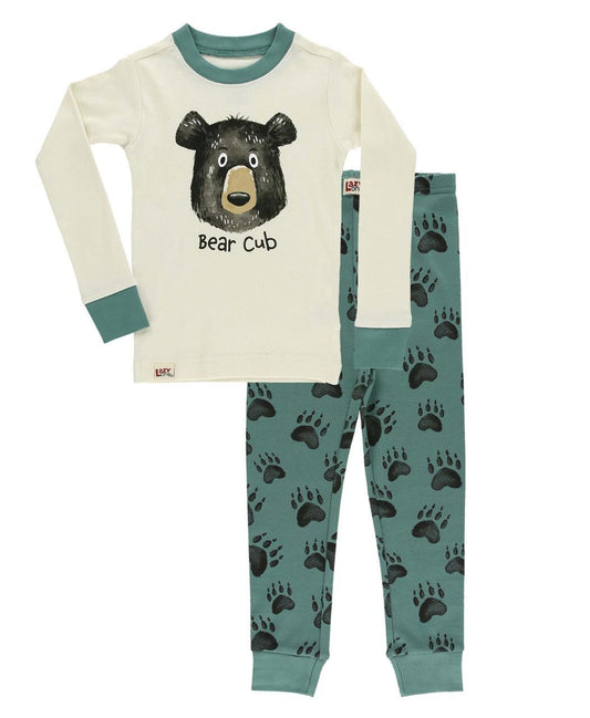 Children's pajama set with bear cub design on a white background