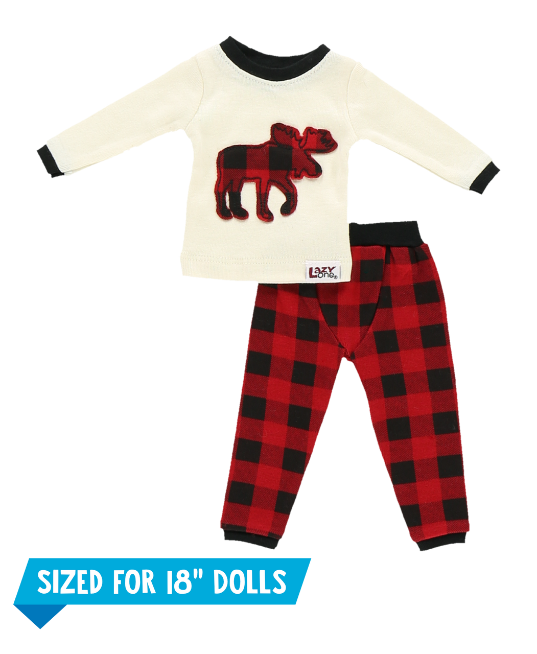 Red and black checkered outfit with a white shirt featuring a moose design, sized for 18-inch dolls.