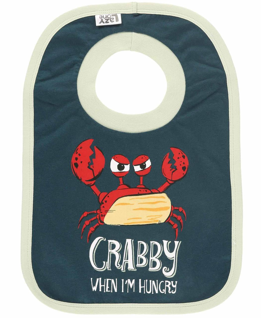Navy bib with a red crab graphic and text 
