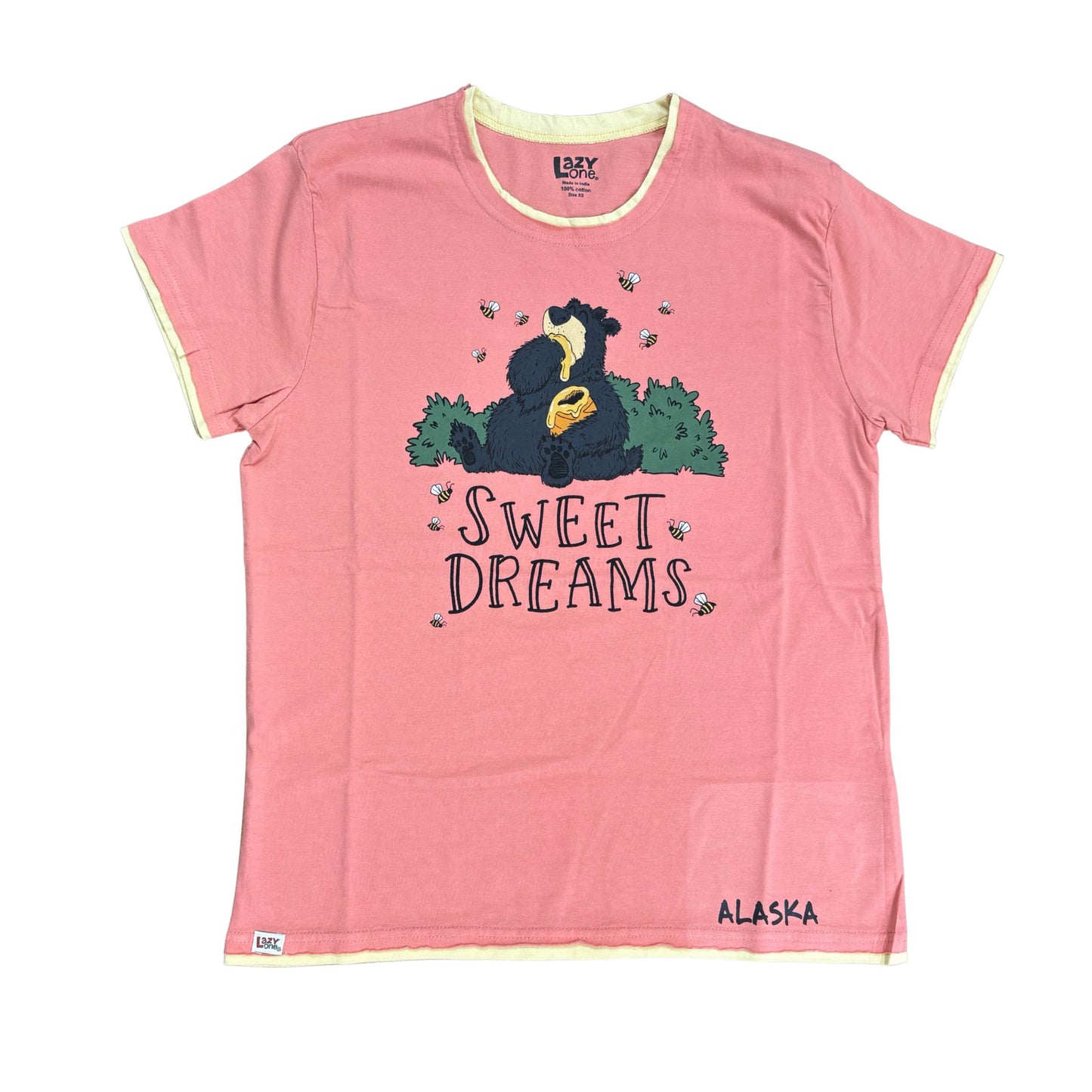 Pink t-shirt with bear graphic and 'Sweet Dreams' text 